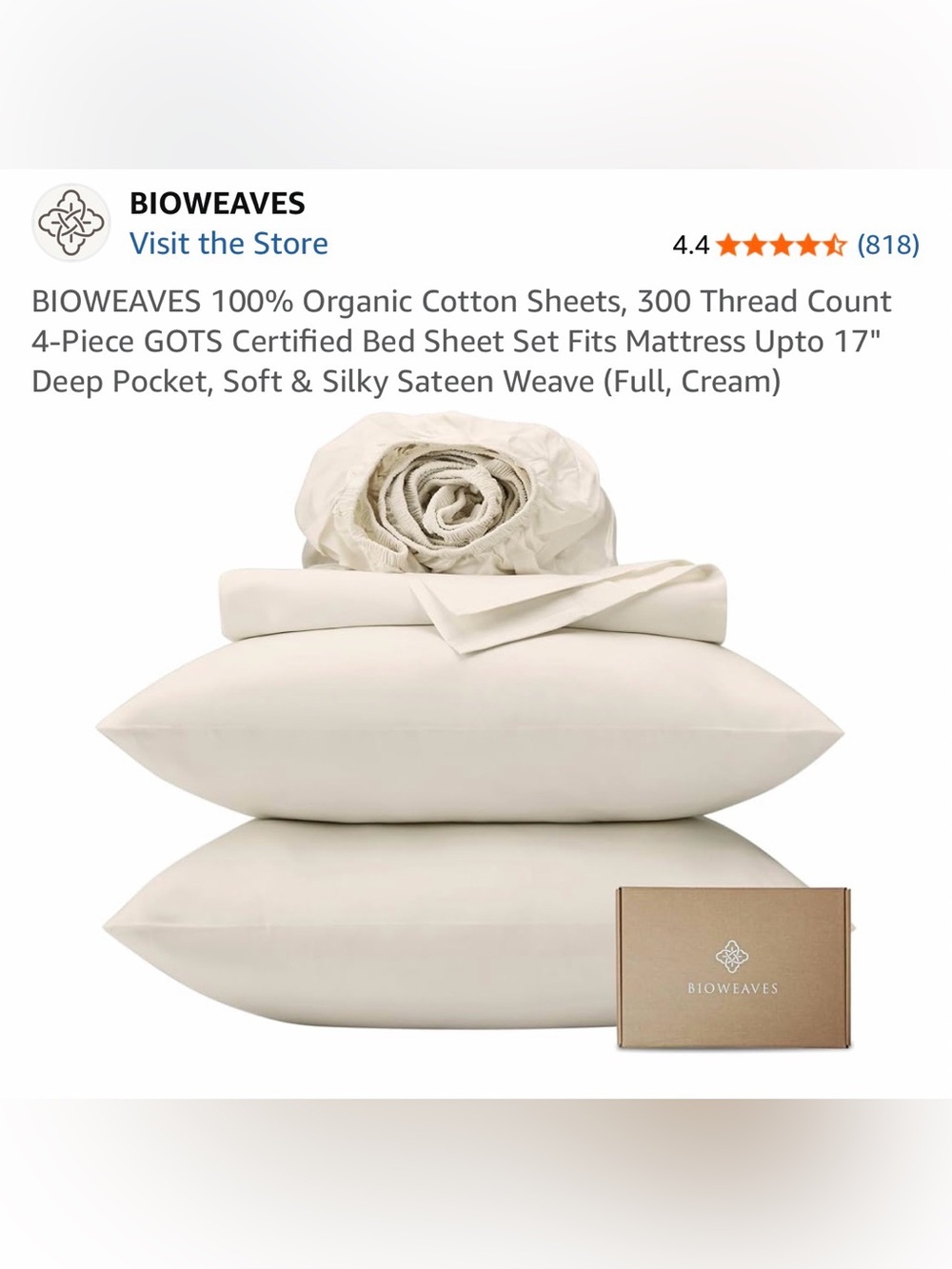 BIOWEAVES 4-Piece Full Size Organic Cotton Undyed Natural Sateen Sheet Set 300TC